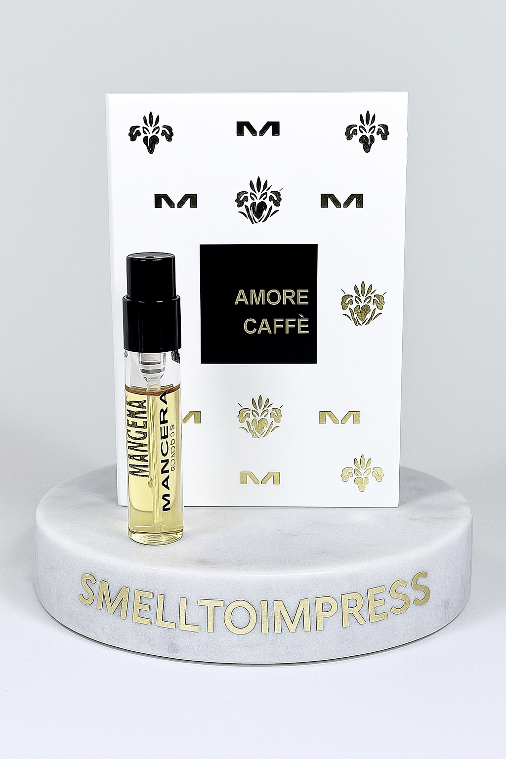 MANCERA Amore Caffe Eau de Parfum 0.06 fl. oz. 2 ml muestra oficial de perfume en soporte de mármol smelltoimpress