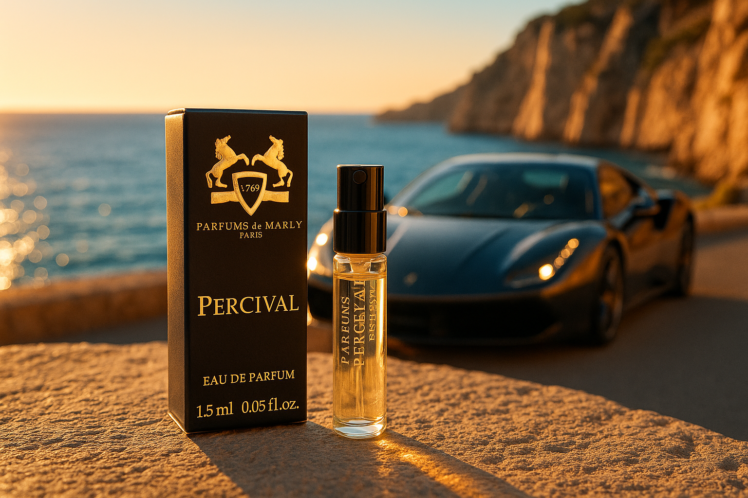 Muestra oficial de perfume de Parfums De Marly Percival, 1,5 ml (0,05 fl. oz.), probador de perfume, coche de lujo en la costa.