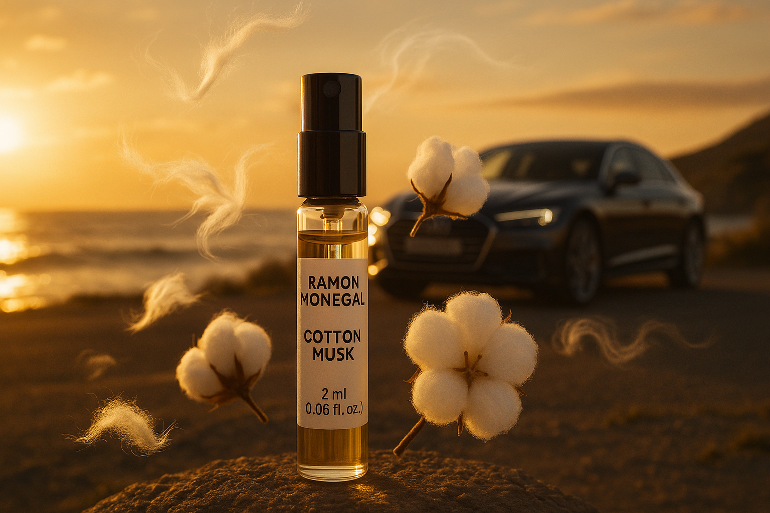 Muestra oficial del perfume Ramon Monegal Cotton Musk 2ml 0.06 fl.o.z. probador de perfume, coche de lujo al fondo cerca de la costa al atardecer, la muestra está rodeada por las notas de la fragancia Cotton Musk