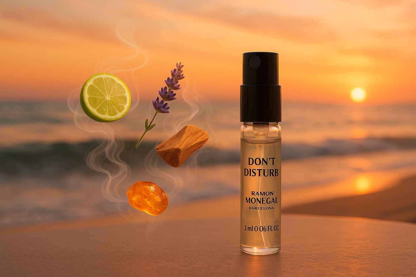 Ramon Monegal Don't disturb muestra oficial del perfume 2ml 0.06 fl.o.z. probador de perfume, muestra de perfume rodeada de notas de fragancia de Don't disturb frente a la costa del mar al atardecer