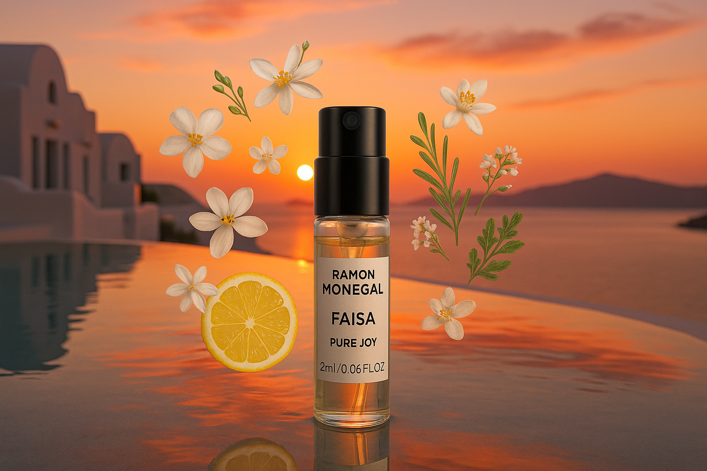 Muestra oficial del perfume Faisa Pure Joy de Ramon Monegal, 2 ml (0,06 fl.o.z.), probador de perfumes, al fondo una puesta de sol en la piscina de Santorini, muestra rodeada de notas de la fragancia Faisa Pure Joy.
