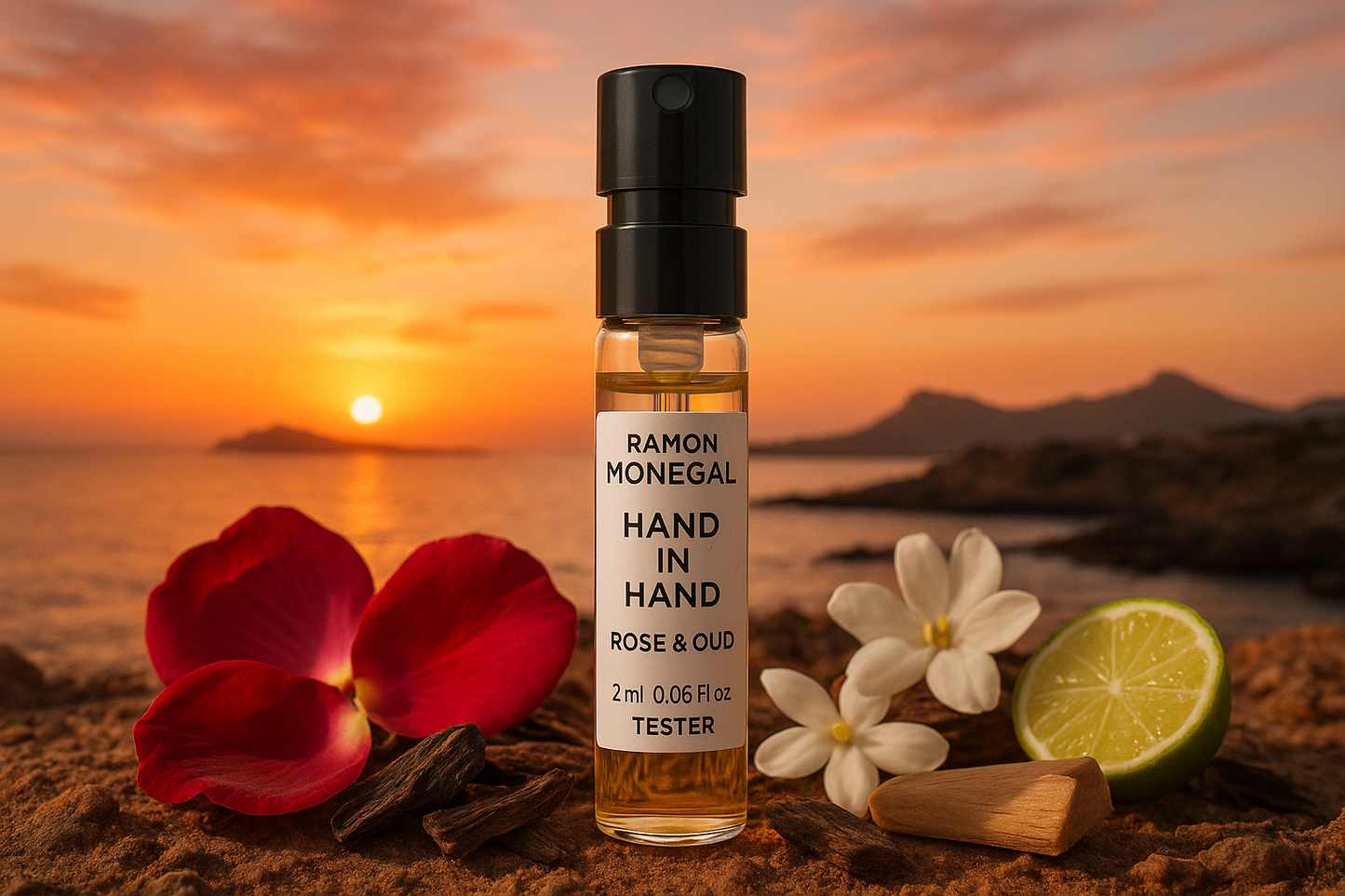 Muestra oficial del perfume Hand in Hand Rose & Oud de Ramon Monegal, 2 ml (0,06 fl.o.z.), probador de perfumes, con el fondo del atardecer en Isla Plana, España, la muestra está rodeada de notas de la fragancia Hand in Hand Rose & Oud.