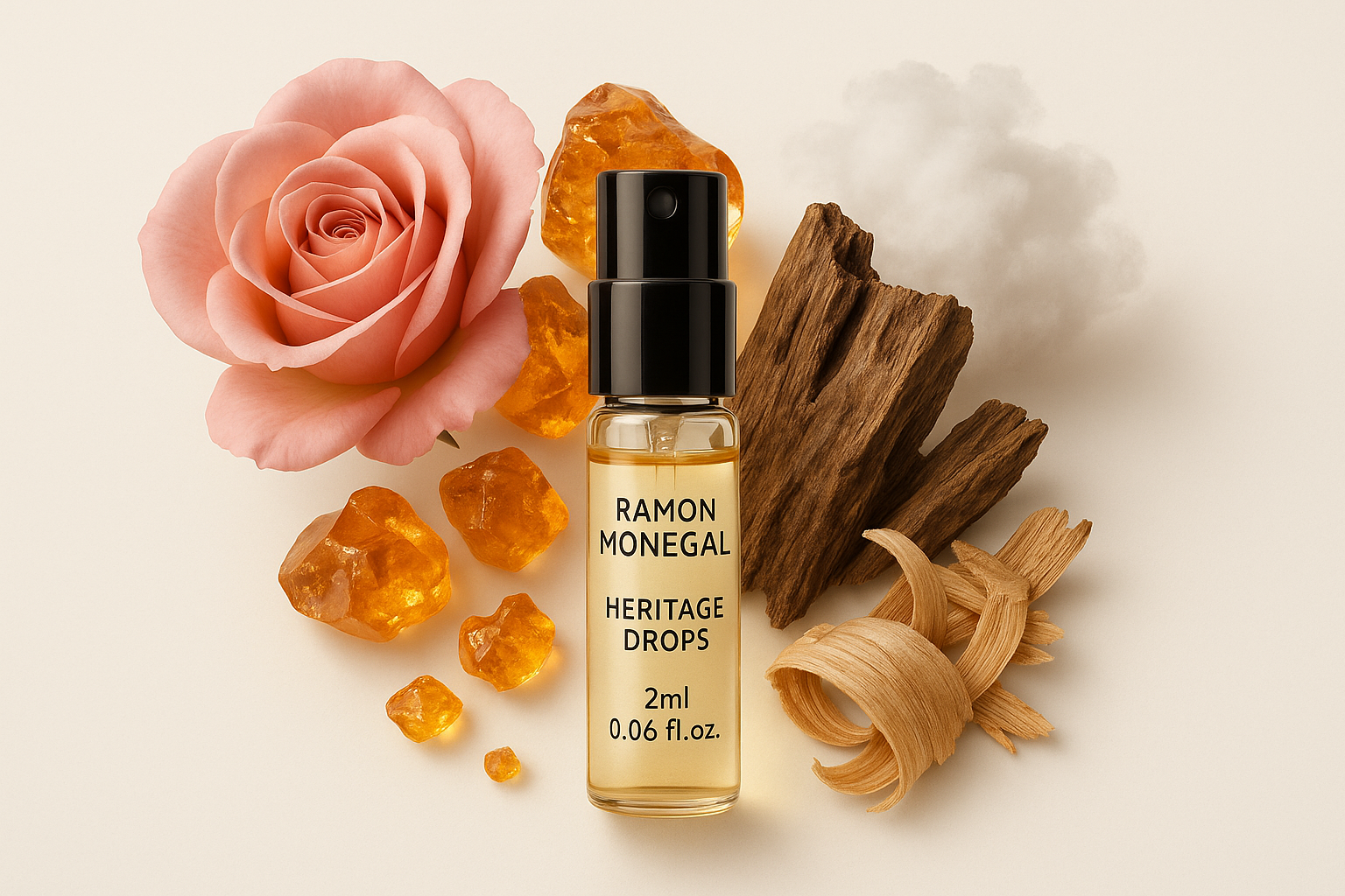 Muestra oficial del perfume Heritage Drops de Ramon Monegal, frasco de muestra de 2 ml (0,06 fl.o.z.), rodeado de notas de la fragancia Heritage Drops.