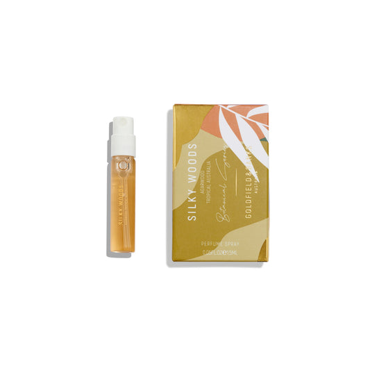 Muestra de perfume Goldfield and Banks Silky Woods de 2 ml: frasco de fragancia nicho oficial de Australia, aroma unisex con lujosas notas amaderadas.