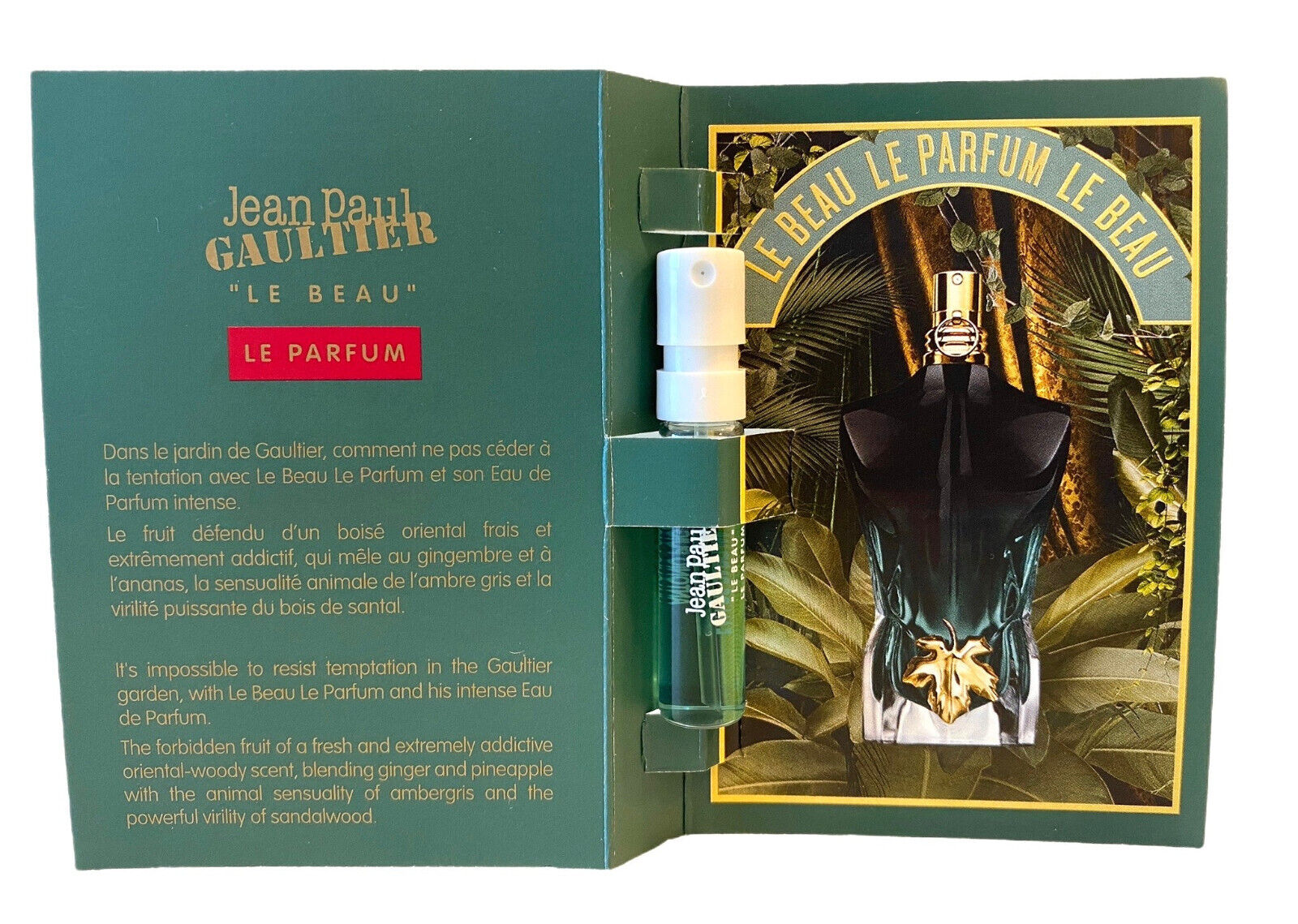 Muestra oficial del perfume Jean Paul Gaultier Le Beau Le Parfum Intense, probador de fragancias Jean Paul Gaultier Le Beau Le Parfum Intense