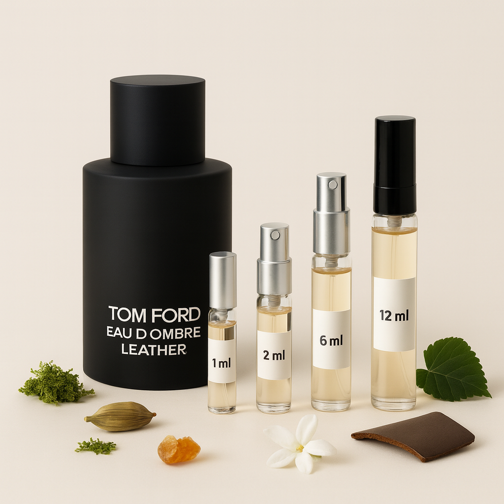 Frasco Tom Ford Eau d’Ombre Leather con viales de muestra de 1 ml, 2 ml, 6 ml y 12 ml sobre fondo claro, con toques de cardamomo, jazmín, ámbar, musgo y cuero