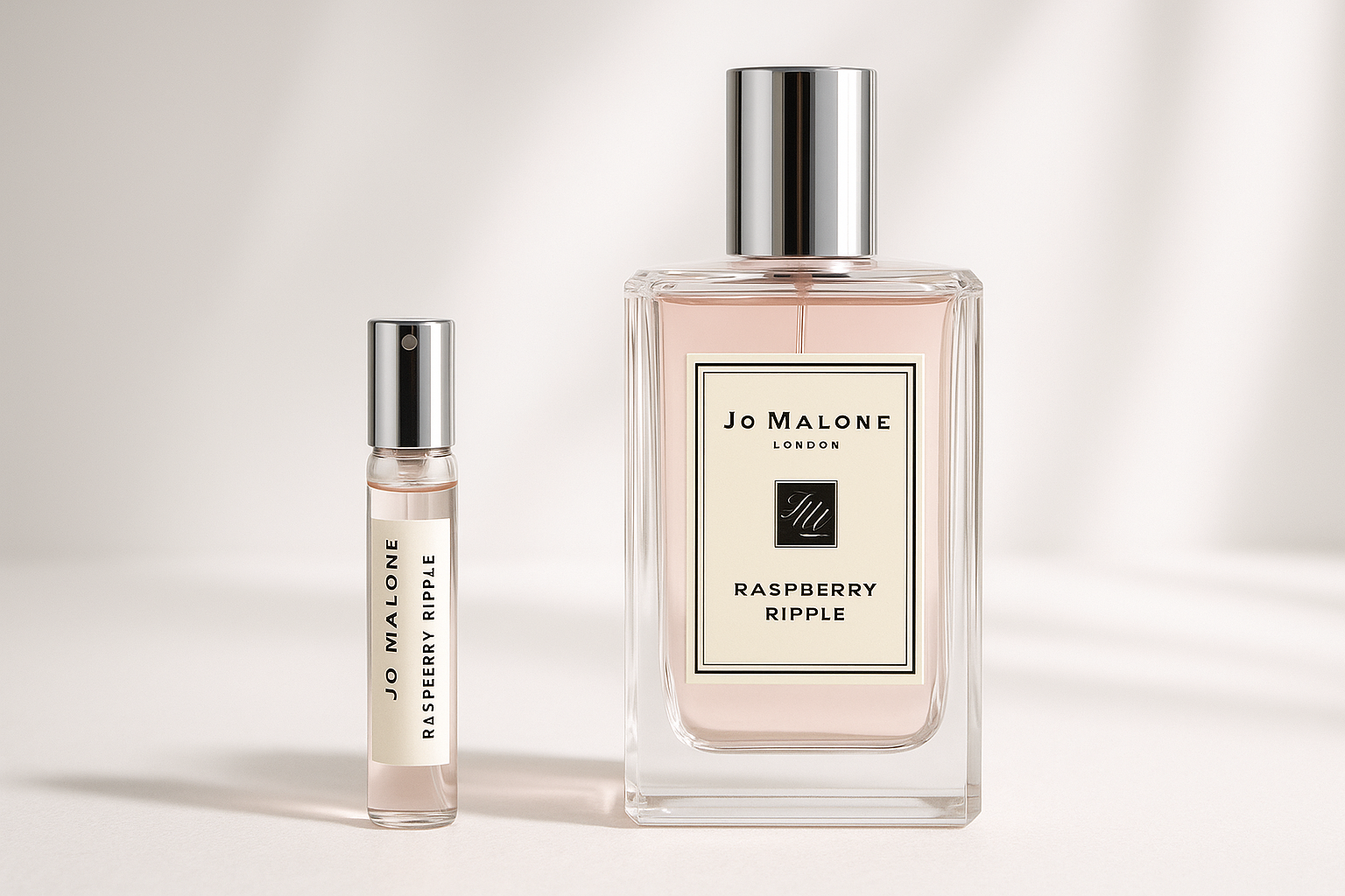 Muestra de perfume Jo Malone Raspberry Ripple de 2 ml junto a un frasco de perfume Jo Malone Raspberry Ripple de 100 ml
