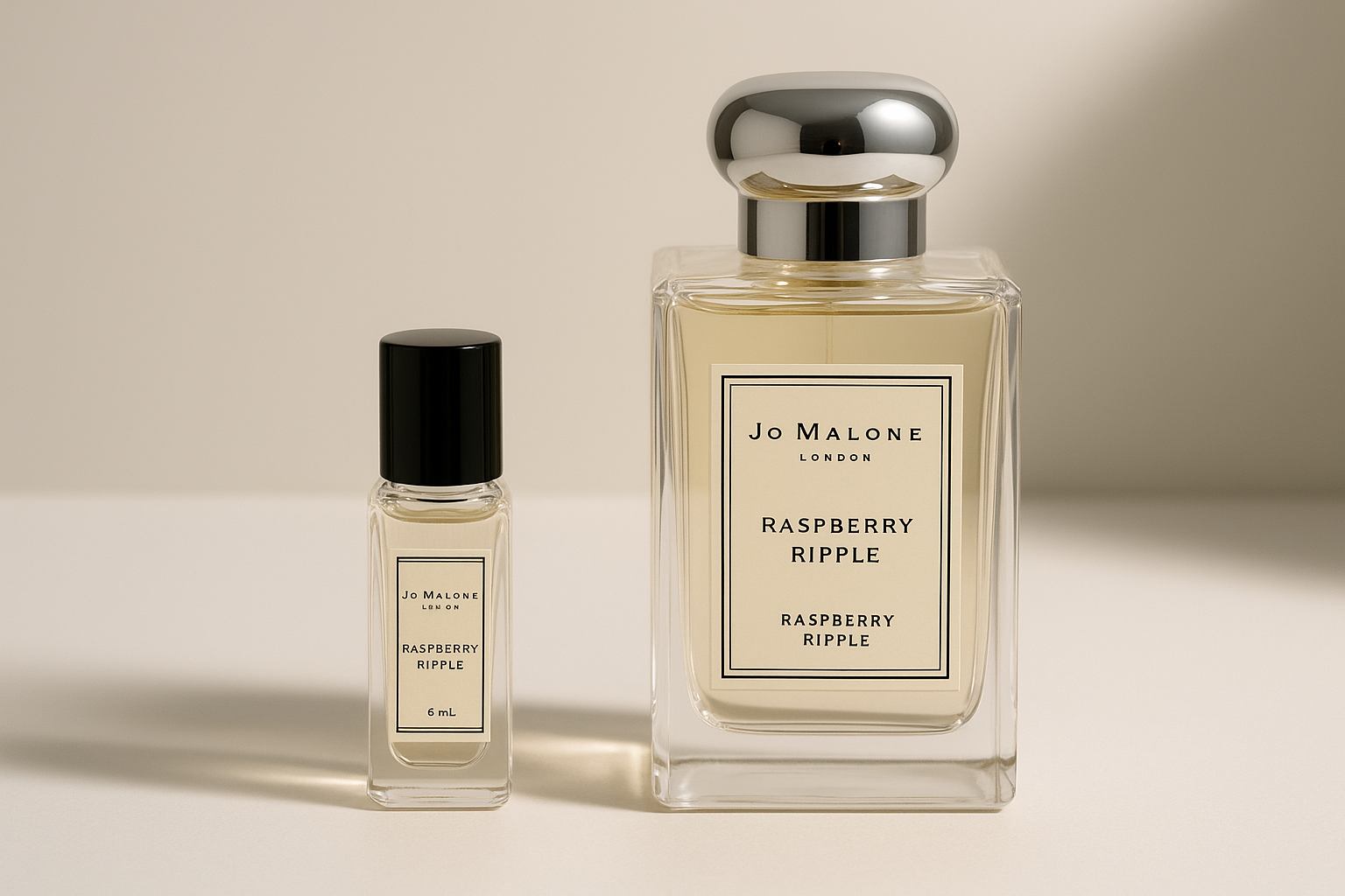 Muestra de perfume Jo Malone Raspberry Ripple de 6 ml junto a una botella de 100 ml de Jo Malone Raspberry Ripple