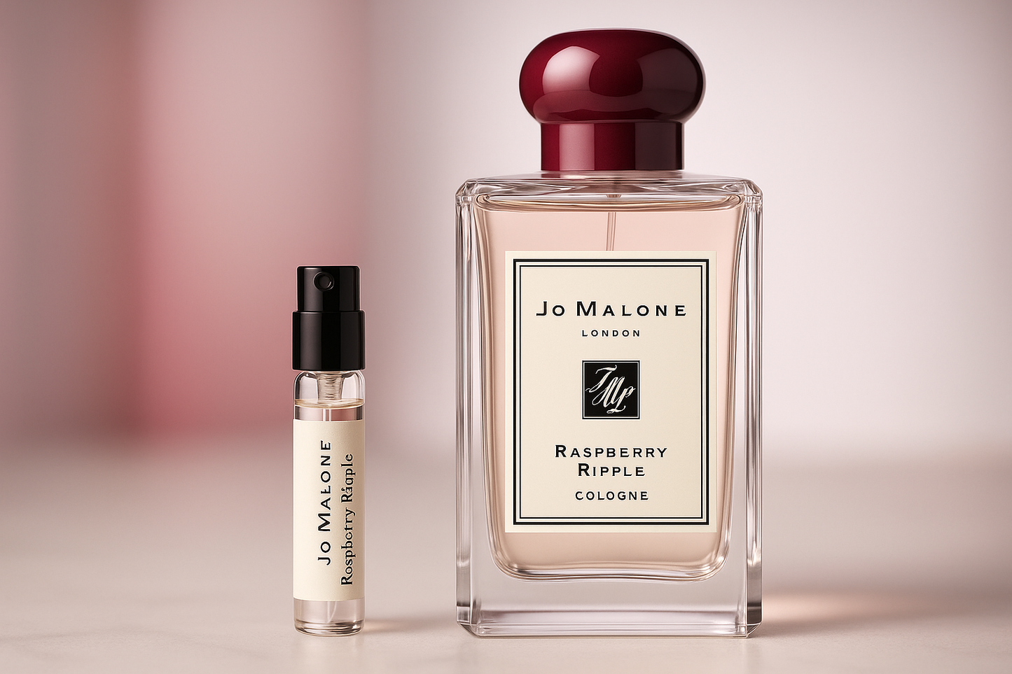 Muestras del perfume Jo Malone Raspberry Ripple Cologne, muestra de perfume de 1 ml junto a una botella de perfume Jo Malone Raspberry Ripple Cologne de 100 ml