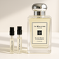 Muestras del perfume Jo Malone Silver Birch & Lavender Cologne de 1 ml junto a la fragancia Jo Malone Silver Birch de 100 ml