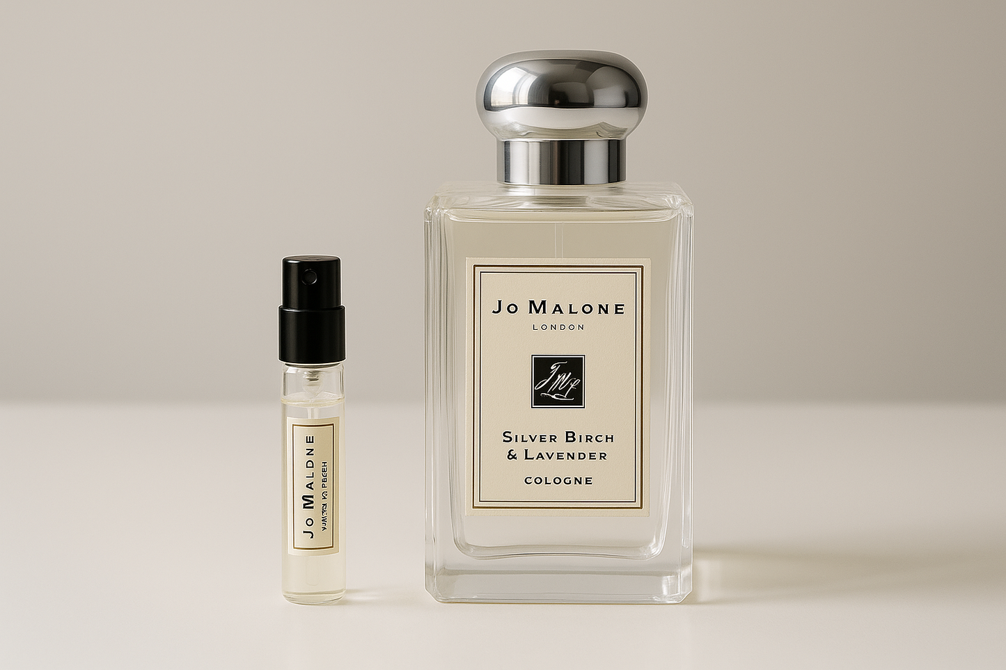 Muestras del perfume Jo Malone Silver Birch & Lavender Cologne, muestra de perfume de 2 ml junto a la fragancia Jo Malone Silver Birch & Lavender de 100 ml