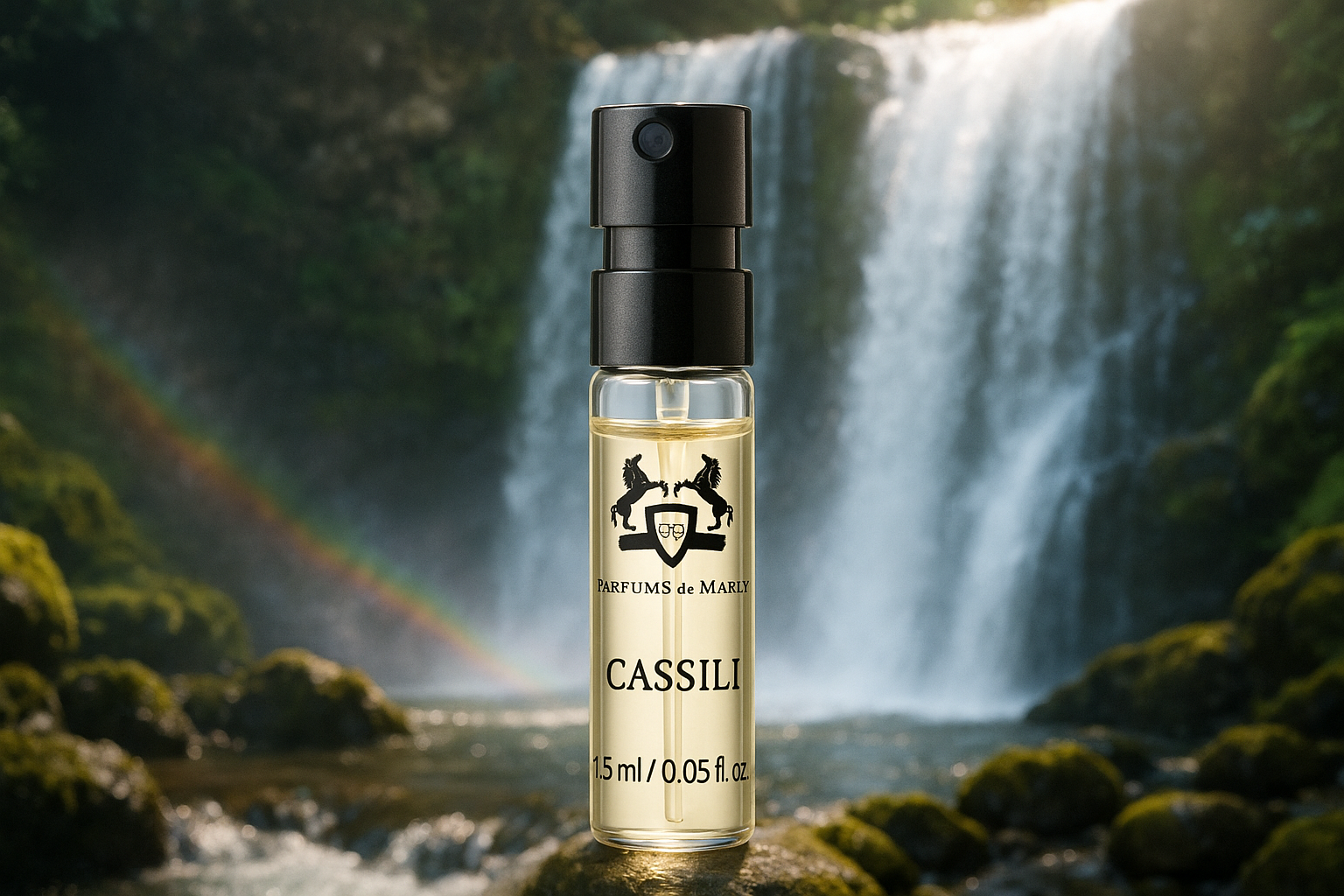 Muestra oficial de perfume Parfums de Marly Cassili 1,5 ml (0,05 fl.o.z.), probador de perfume, cascada de fondo