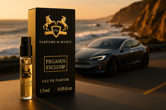Muestra oficial de perfume Parfums De Marly Pegasus Exclusif 1,5 ml (0,05 fl. oz.), probador de perfume, al fondo un coche eléctrico de lujo en la costa.