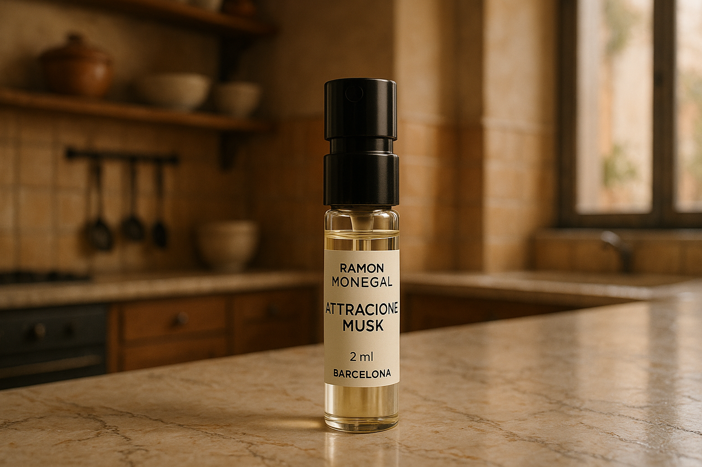 Muestra oficial del perfume Atractone Musk de Ramon Monegal, 2 ml (0,06 fl.o.z.), probador de perfumes, estilo italiano, mientras que la cocina de sombras