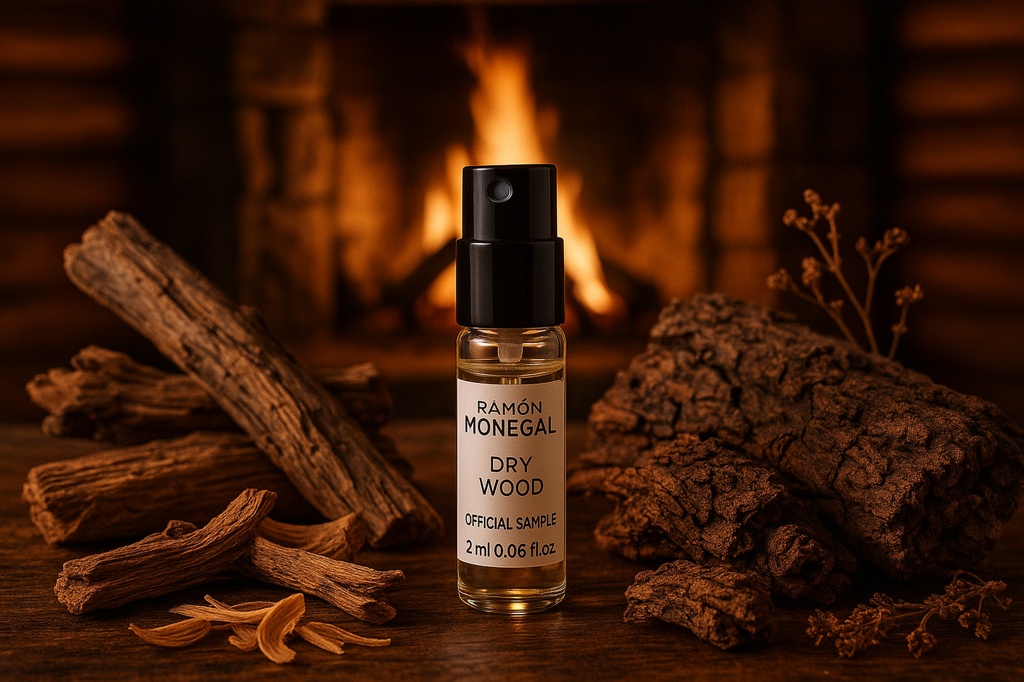 Muestra oficial del perfume Ramon Monegal Dry Wood 2ml 0.06 fl.o.z. probador de perfume, al fondo una chimenea abierta en la cabaña de montaña, muestra rodeada de notas de fragancia Dry Wood