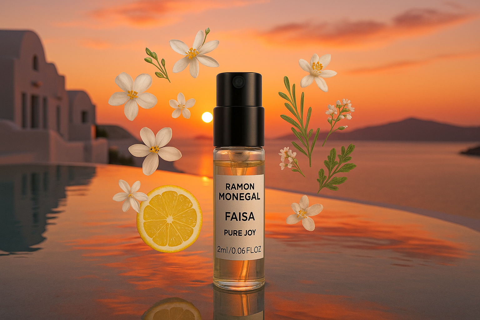 Muestra oficial del perfume Faisa Pure Joy de Ramon Monegal, 2 ml (0,06 fl.o.z.), probador de perfumes, al fondo una puesta de sol en la piscina de Santorini, muestra rodeada de notas de la fragancia Faisa Pure Joy.