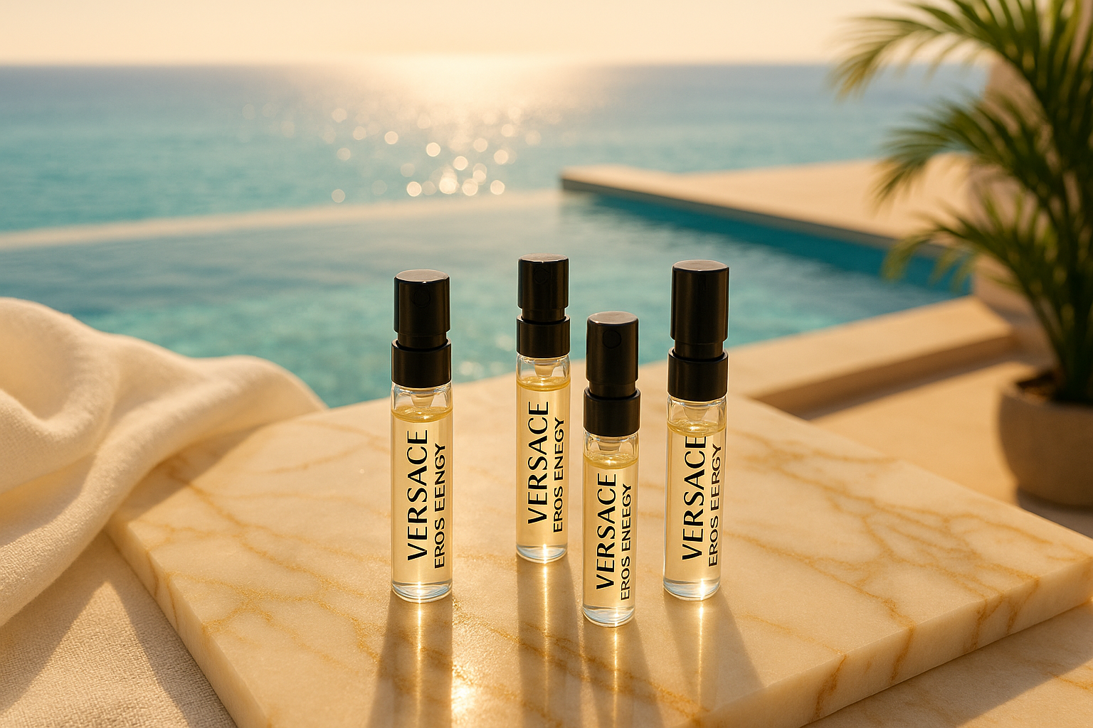 Muestras del perfume Versace Eros Energy, fondo con elegantes vistas al mar y piscina.