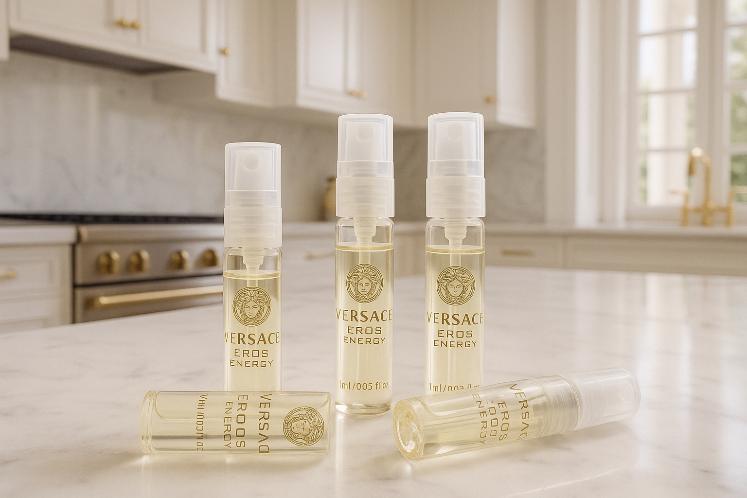 Muestras del perfume Versace Eros Energy en una cocina italiana de lujo en blanco.
