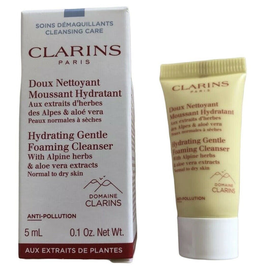 Mini muestra de cuidado de la piel Clarins Hydrating Gentle Foaming Cleanser (5 ml, 0.1 oz). Piel normal a seca.