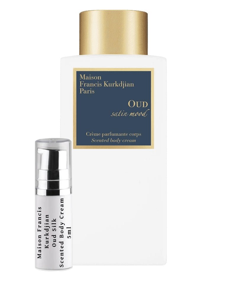 Crema corporal con aroma a seda y oud de Maison Francis Kurkdjian, muestra en spray de viaje de 5 ml